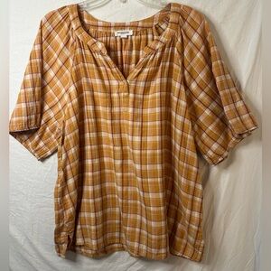 BeachLunchLounge XL Mustard Plaid Blouse Boho Peasant Top